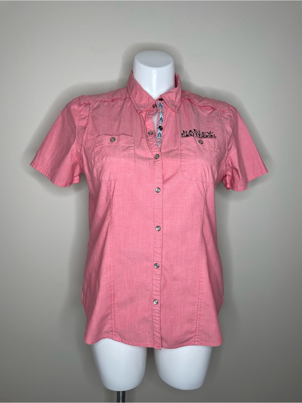 Harley-Davidson Coral Pink Short Sleeve Cotton Shirt with Logo and Pearl Snaps